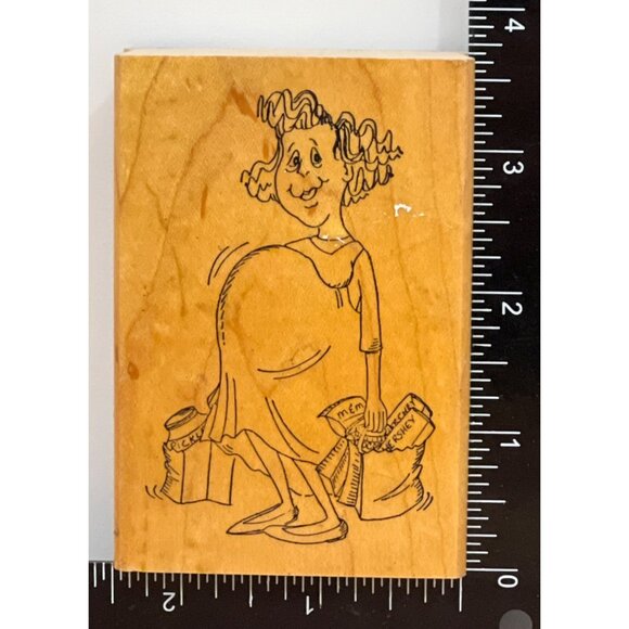 RARE 1996 ART IMPRESSIONS K-1560 PREGNANT LADY SHOPPING WOOD RUBBER STAMP - Picture 2 of 4